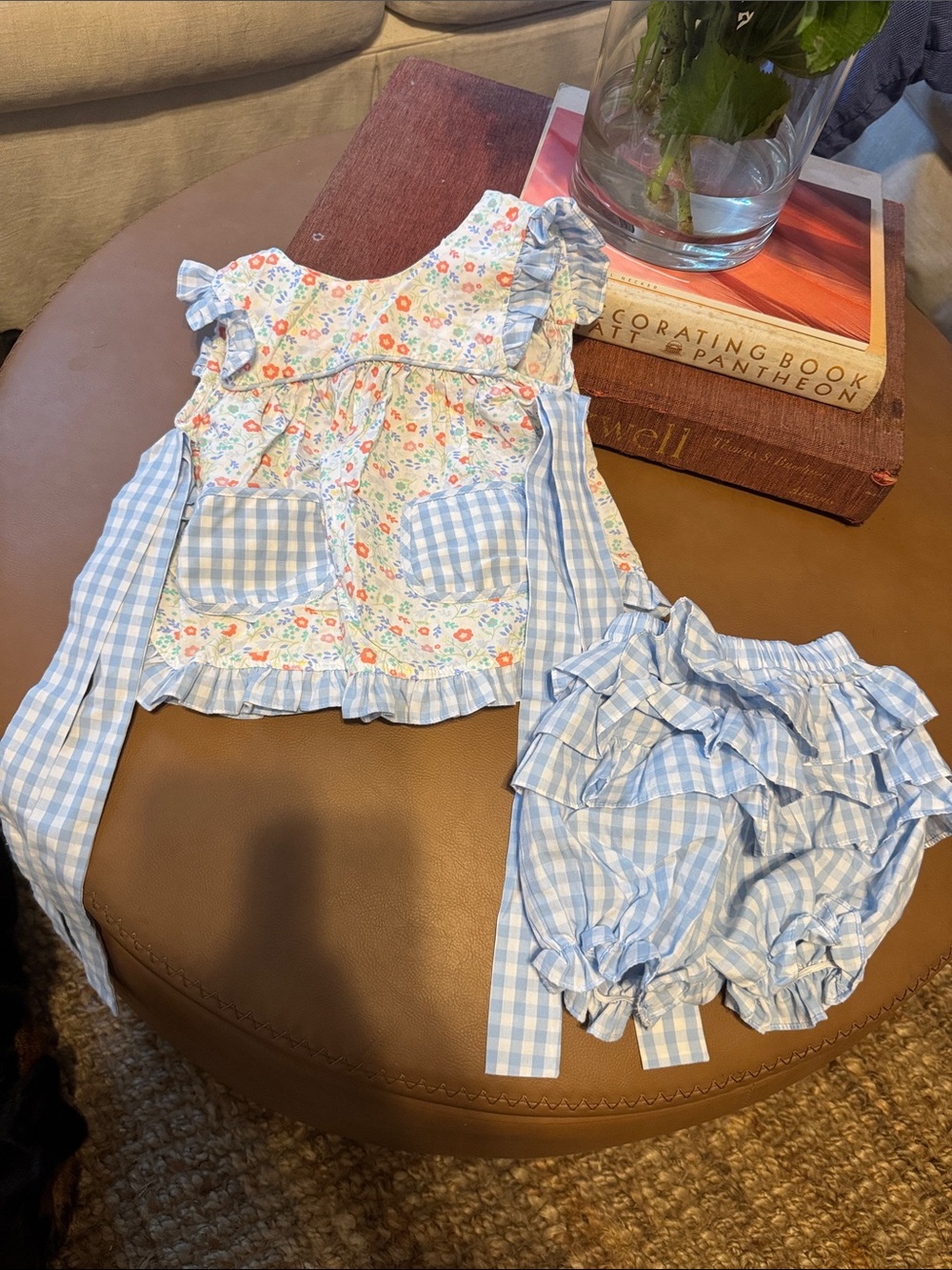 Girls Light Blue Gingham Floral Ruffle Matching Set